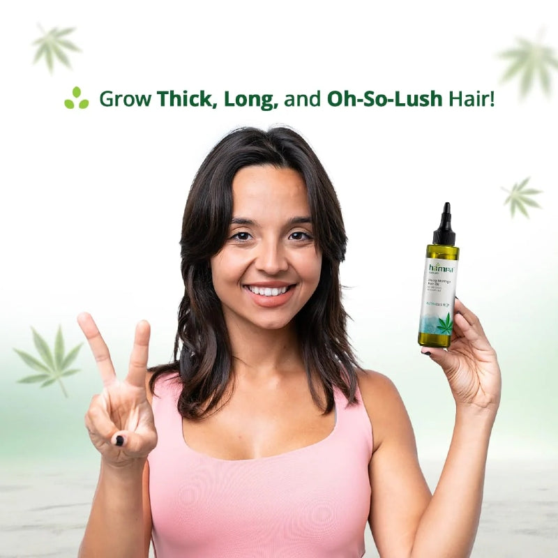 Woman holding a Hemp hair care product with text 'Grow Thick, Long, and Oh-So-Lush Hair!' on a green background.