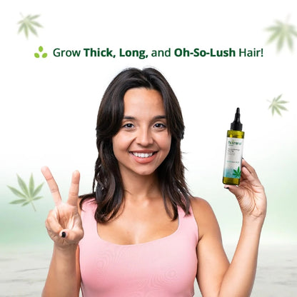 Woman holding a Hemp hair care product with text 'Grow Thick, Long, and Oh-So-Lush Hair!' on a green background.