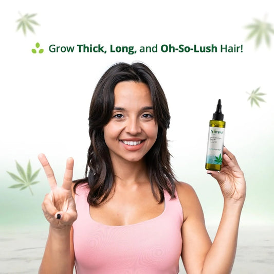 Woman holding a Hemp hair care product with text 'Grow Thick, Long, and Oh-So-Lush Hair!' on a green background.