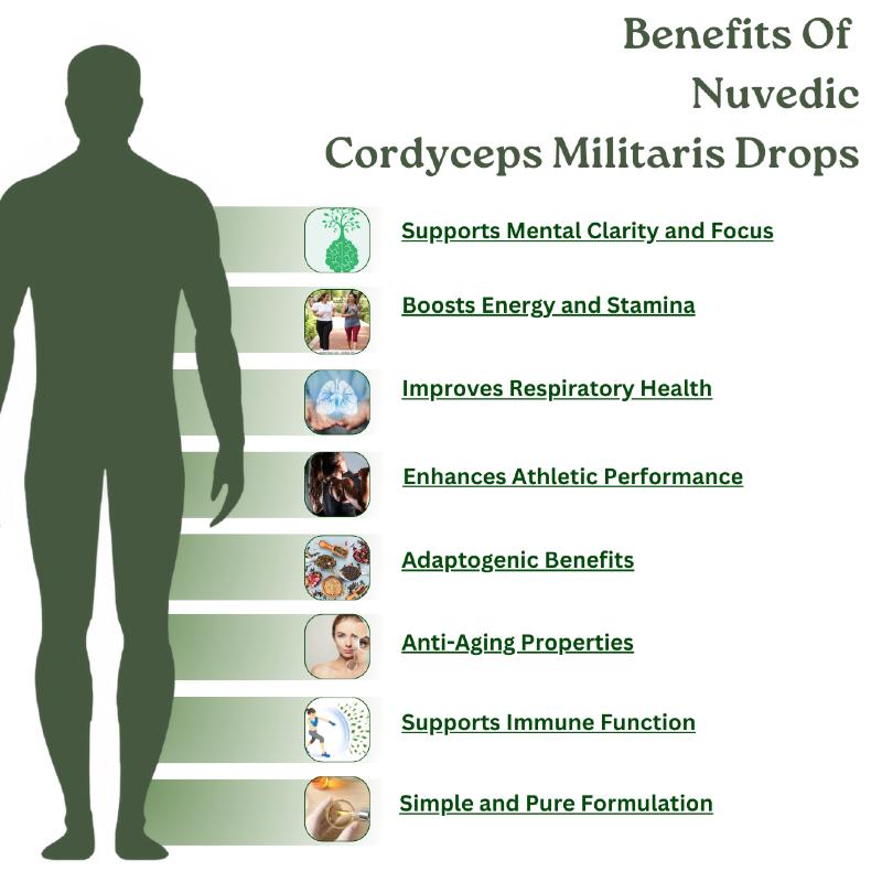 A chart listing the benefits of Nuvedic Cordyceps Militaris Drops alongside a green silhouette of a human figure.

