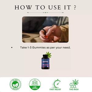 A promotional image detailing how to use gummies with textual instructions and product benefits.