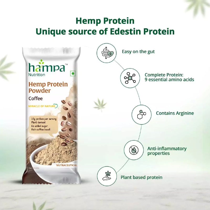 Hemp protein powder package with health benefits on a light green background