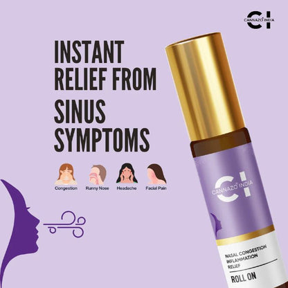 Cannazo India CBD nasal congestion relief roll on bottle with text on a purple background