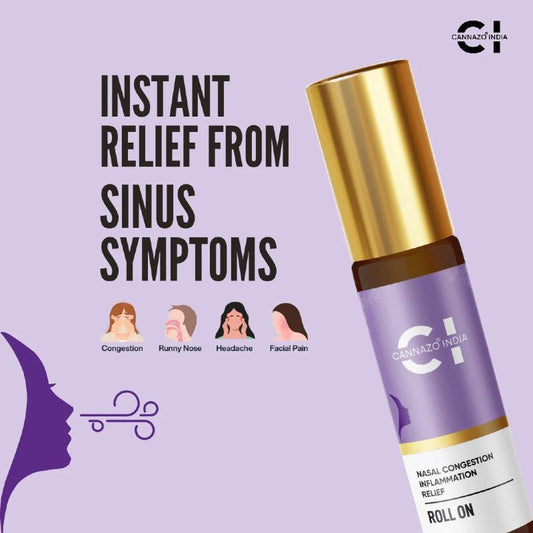 Cannazo India CBD nasal congestion relief roll on bottle with text on a purple background