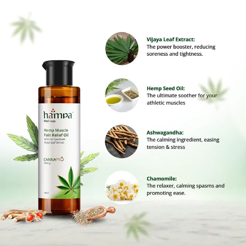 Hemp muscle pain relief oil bottle with ingredients listed on a light green background