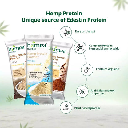 Hemp protein powder packages with health benefits on a light green background