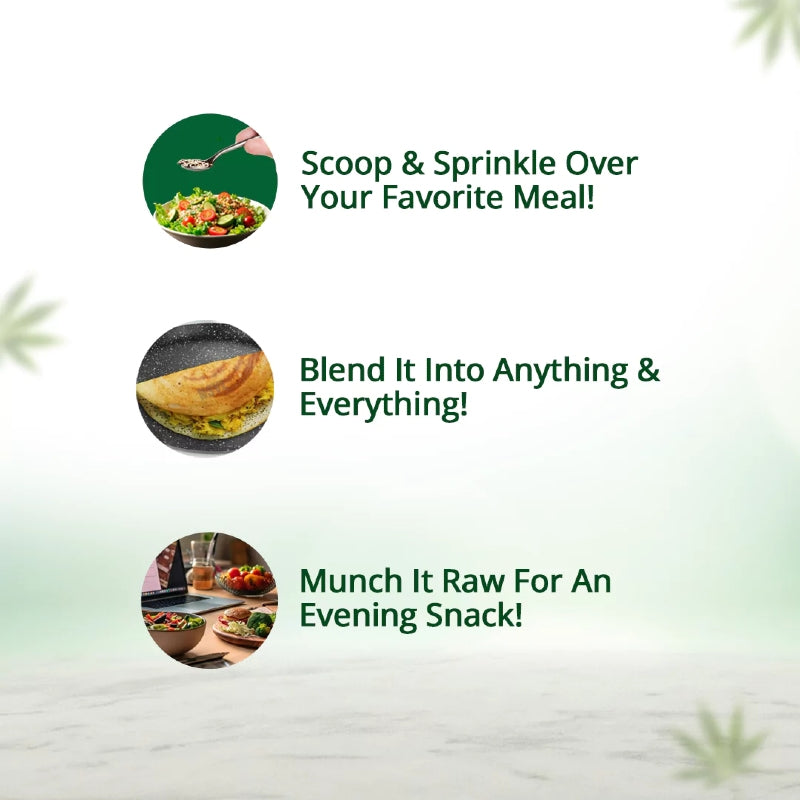 Promotional graphic with text and images of food on a light green background