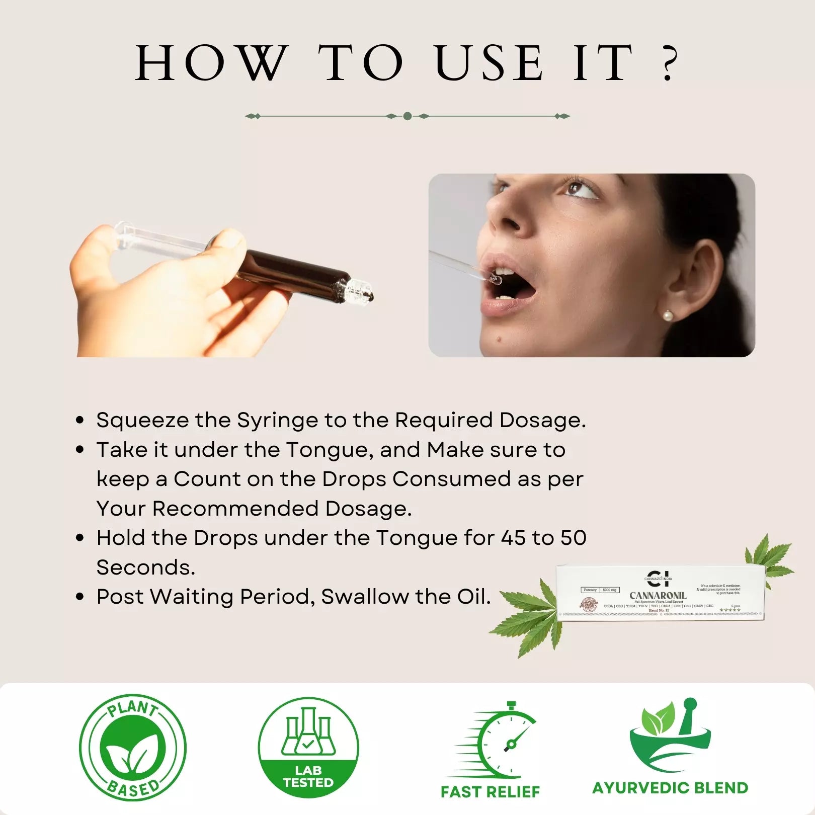 A guide on using a syringe dropper for cannabis oil with text instructions and certification icons.