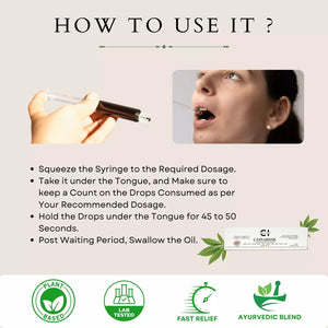 A guide on using a syringe dropper for cannabis oil with text instructions and certification icons.