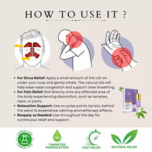 Load image into Gallery viewer, Instructional guide for using a roll-on product with illustrations for sinus, pain, and relaxation relief.
