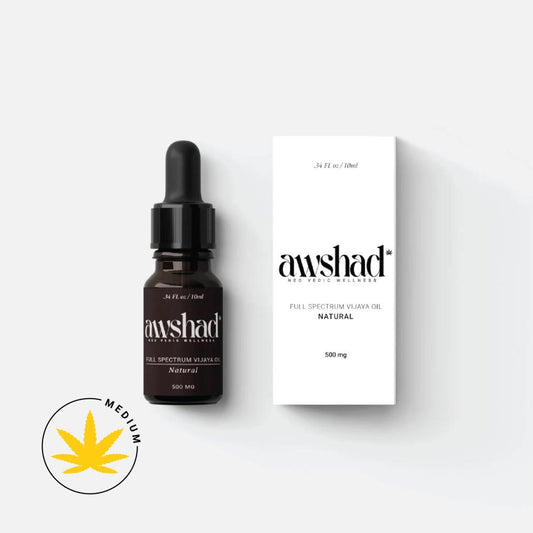 Bottle of CBD oil with dropper next to its box, labeled 'awshad', with a cannabis leaf icon below.