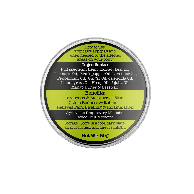 Indie Extracts All-in-One Hemp Leaf CBD Balm container with lime green label displaying product information.
