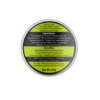 Indie Extracts All-in-One Hemp Leaf CBD Balm container with lime green label displaying product information.