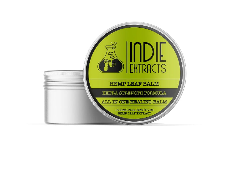 Indie Extracts All-in-One Hemp Leaf CBD Balm container with lime green label displaying product information.