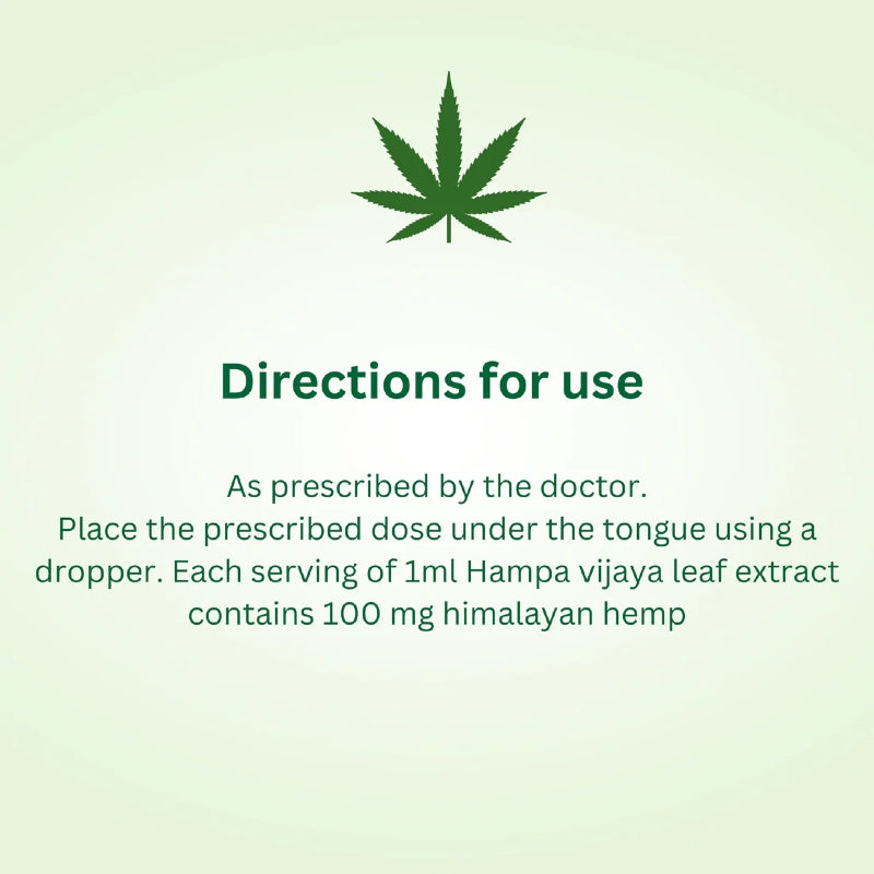 Directions for use of Hampa Hemp Vijaya leaf extract on a light green background