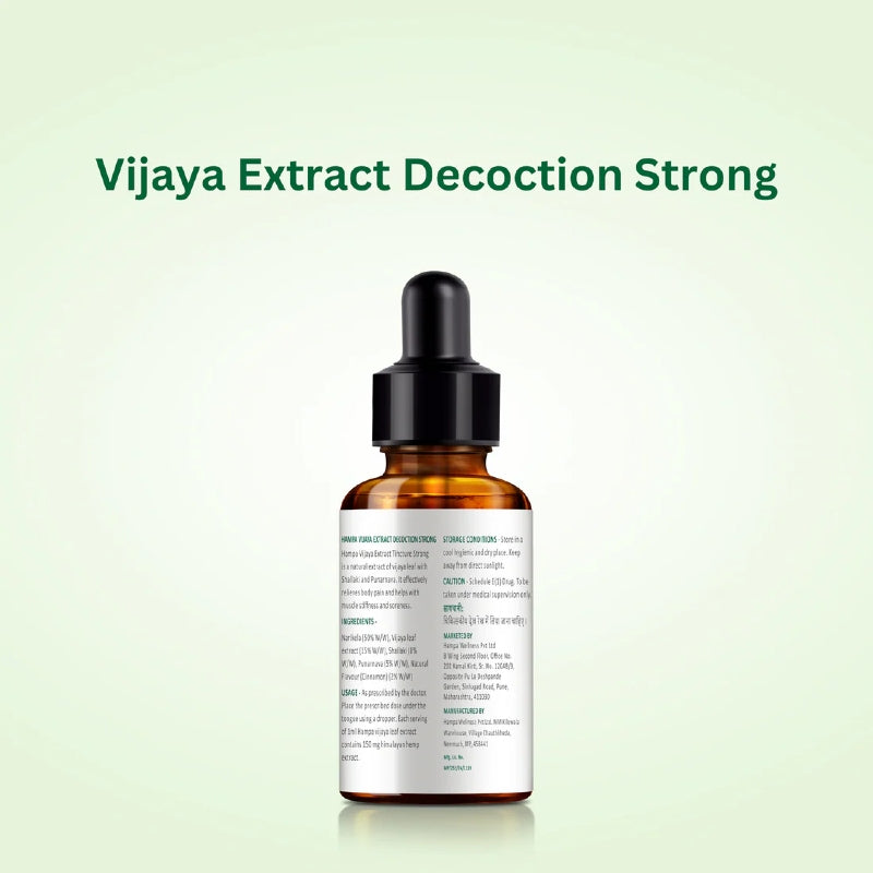 Amber glass dropper bottle labeled 'Vijaya Extract Decoction Strong' on a light green background