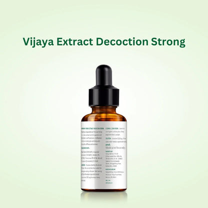 Amber glass dropper bottle labeled 'Vijaya Extract Decoction Strong' on a light green background