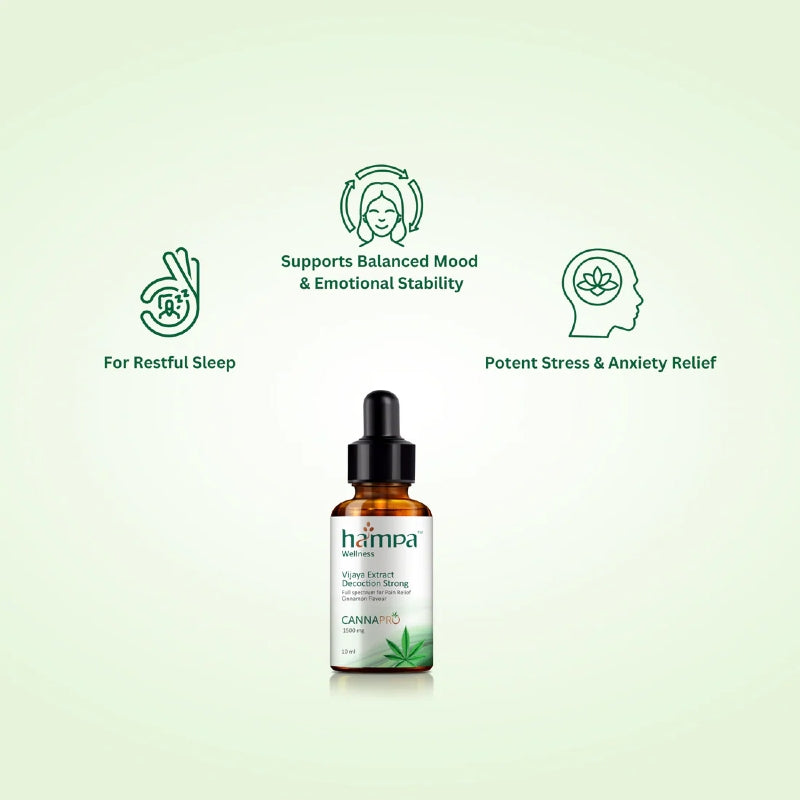 Hampa CBD oil dropper bottle with benefits on a light green background