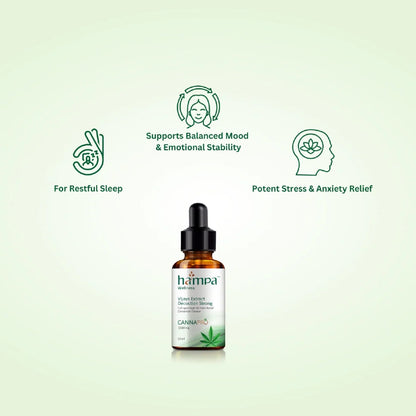 Hampa CBD oil dropper bottle with benefits on a light green background