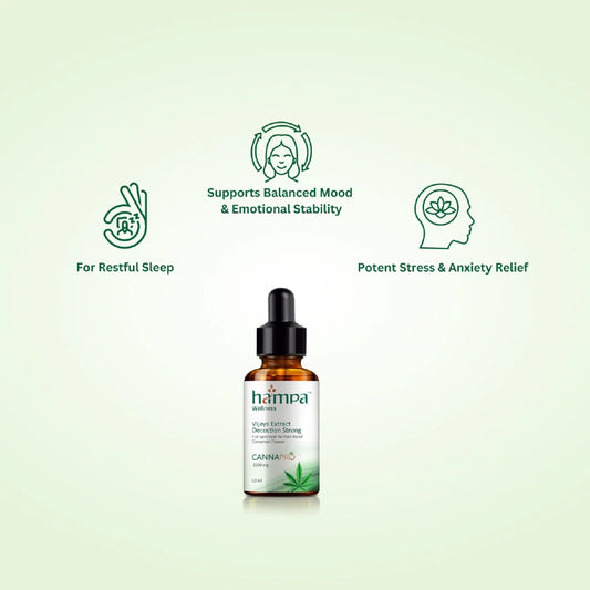 Hampa CBD oil dropper bottle with benefits on a light green background