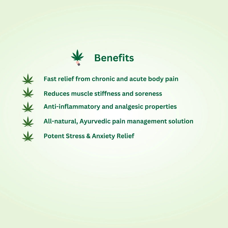 List of benefits on a light green background with cannabis leaf icons.