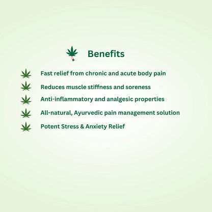 List of benefits on a light green background with cannabis leaf icons.