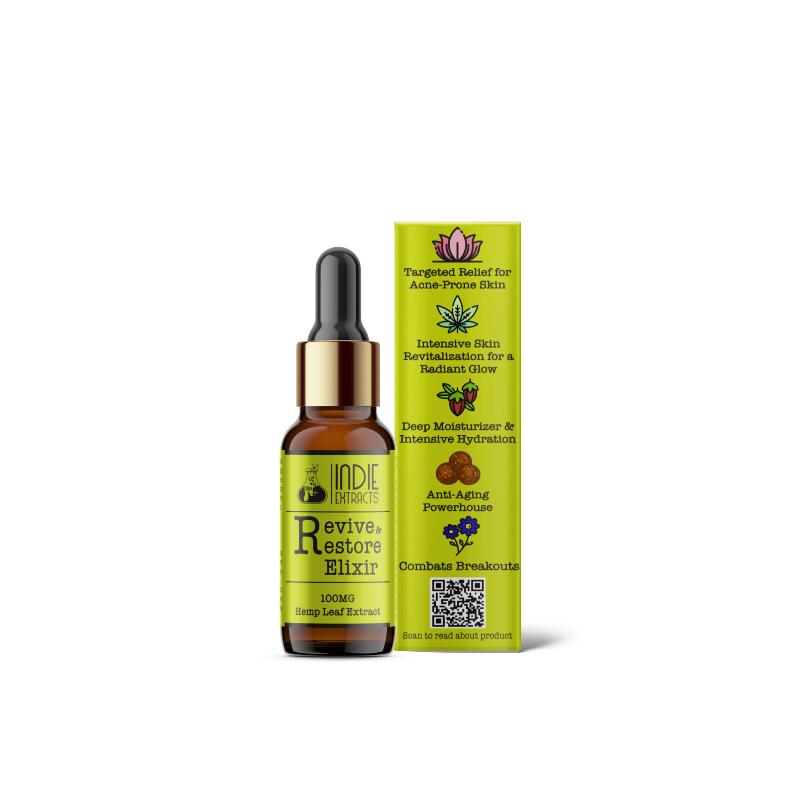 Brown glass bottle of Indie Extracts CBD Revive & Restore Elixir next to a green box listing the product benefits.