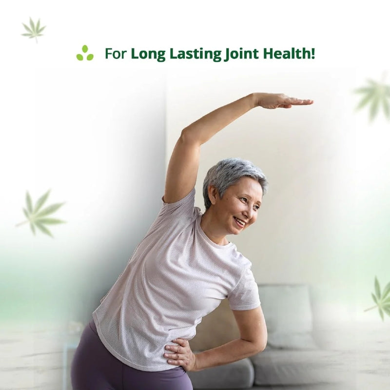 Woman stretching with text 'For Long Lasting Joint Health!' and cannabis leaf graphics on a light background