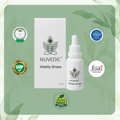 Product display of NUVEDIC Vitality Drops with certification logos.

