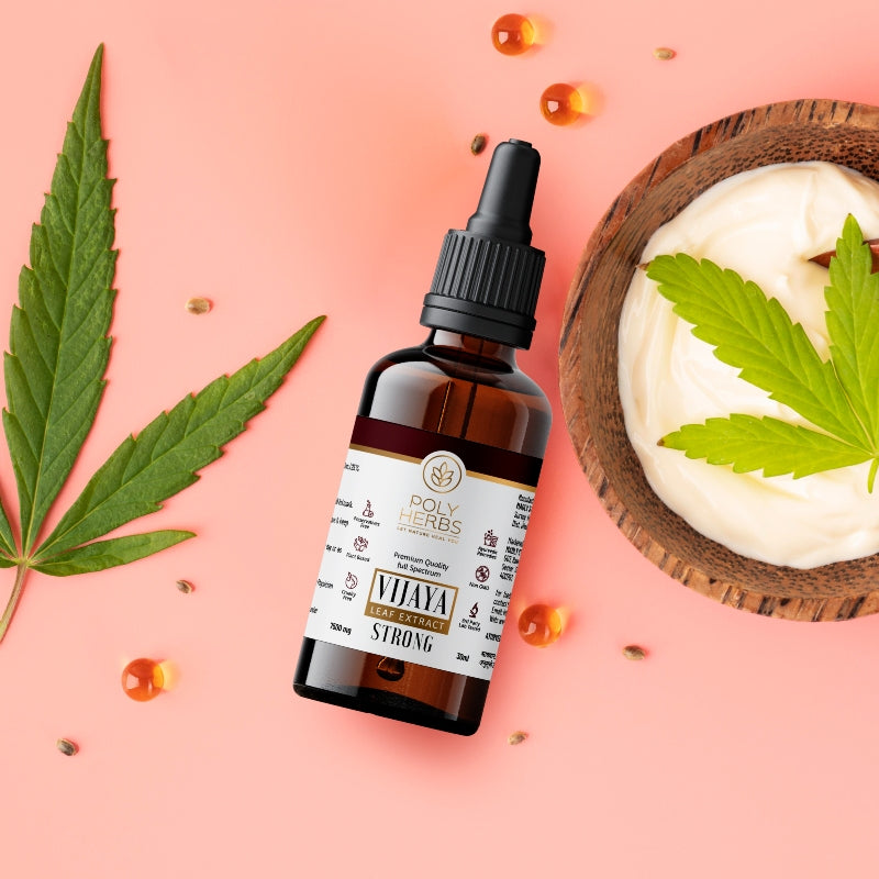 CBD oil dropper bottle with cannabis leaf and cream on a pink background