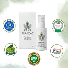 Load image into Gallery viewer, Product image of Nuvedic Pain Master CBD Oil product with certifications including ISO and GMP around it.


