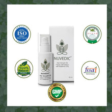 Load image into Gallery viewer, Nuvedic Hemp Hair Growth Oil bottle and box with certification seals and a &quot;100% Natural Product&quot; badge.


