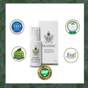 Nuvedic Hemp Hair Growth Oil bottle and box with certification seals and a "100% Natural Product" badge.


