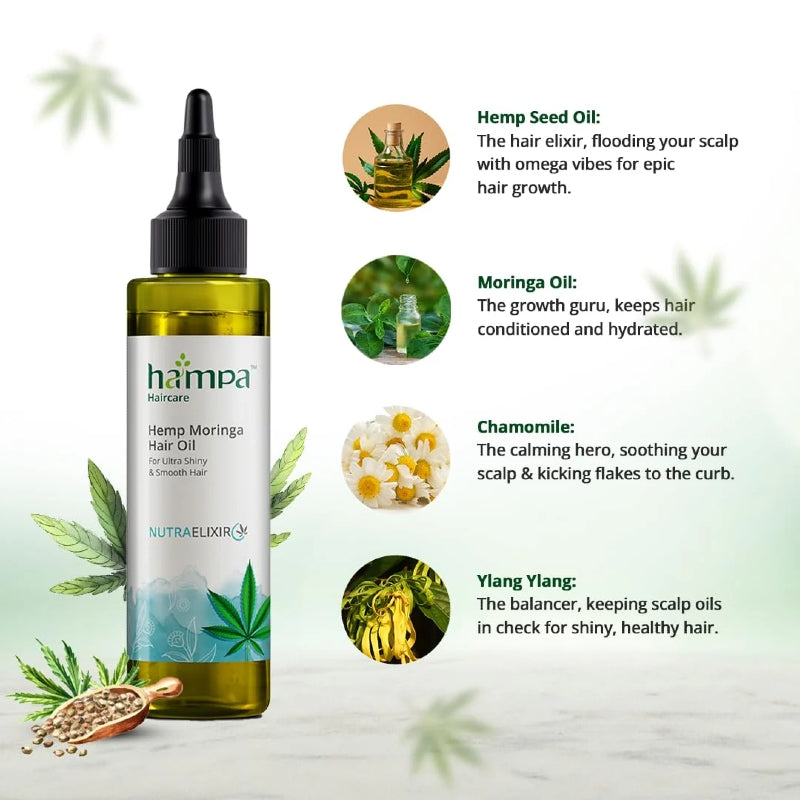 Hemp Moringa hair oil bottle with ingredients listed on a light green background
