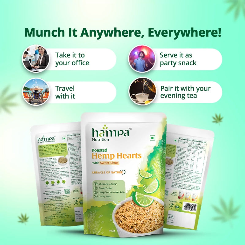 Hampa Nutrition Roasted Hemp Hearts packaging with promotional text on a green background