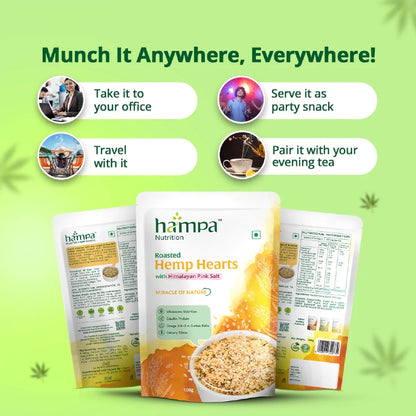 Hampa Nutrition hemp hearts packaging with promotional text on a green background