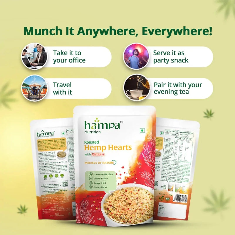 Hemp hearts packaging with promotional text on a green background