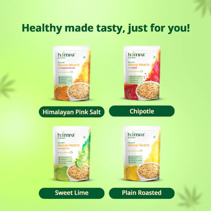 Four packages of hampa brand products on a green background with text 'Healthy made tasty, just for you!'.
