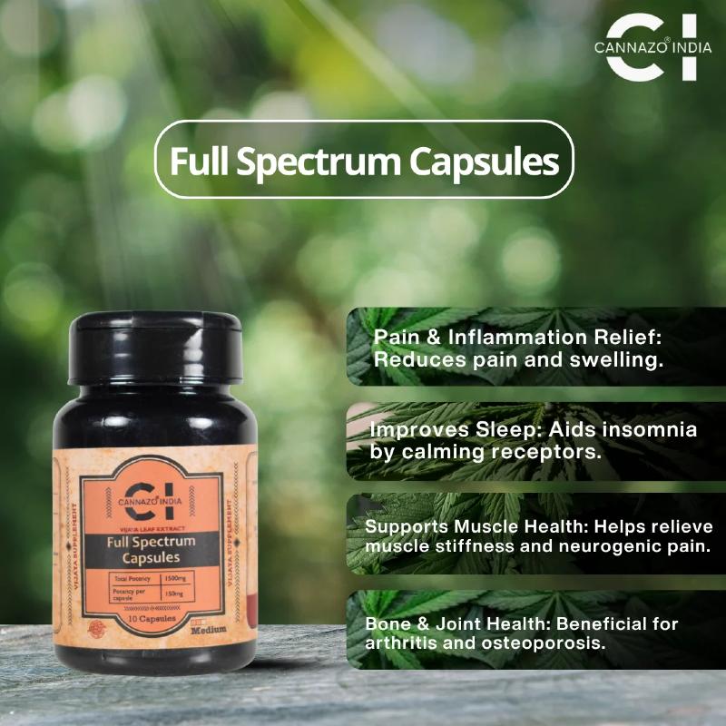 Cannazo India full spectrum cbd capsules with benefits listed on a green blurred background