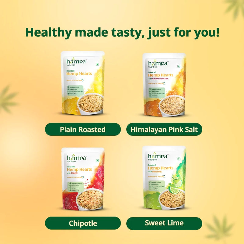 Four packages of hampa Hemp Hearts with different flavors on a yellow background.