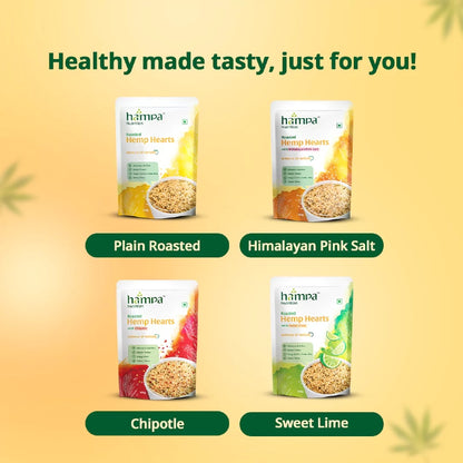 Four packages of hampa Hemp Hearts with different flavors on a yellow background.