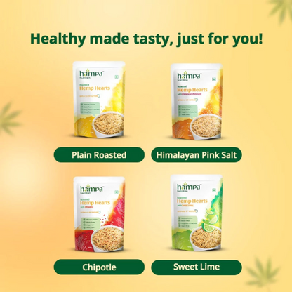 Four packages of hampa Hemp Hearts with different flavors on a yellow background.