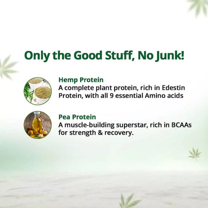 Text and images of hemp protein and pea protein with a green background