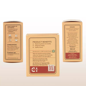 Three brown product boxes with text detailing composition, benefits, and contact information.