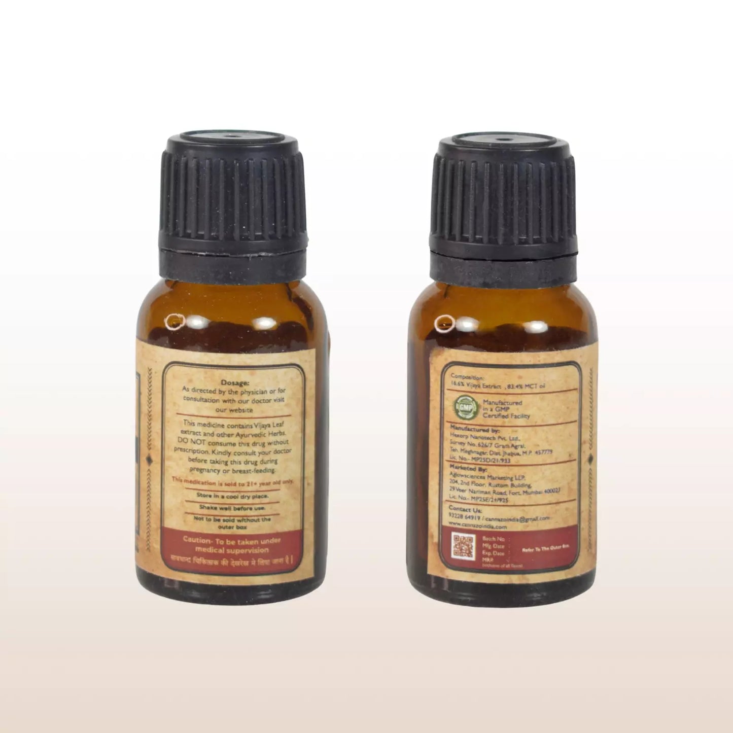 Two amber glass cbd oil bottles with black caps and labels displaying dosage information.
