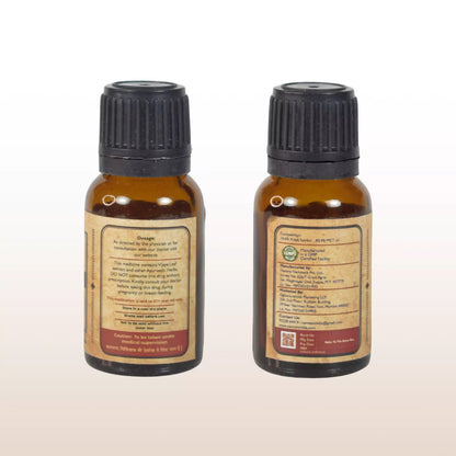 Two amber glass cbd oil bottles with black caps and labels displaying dosage information.