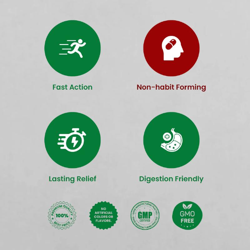 Set of icons and text on a gray background, highlighting product features.