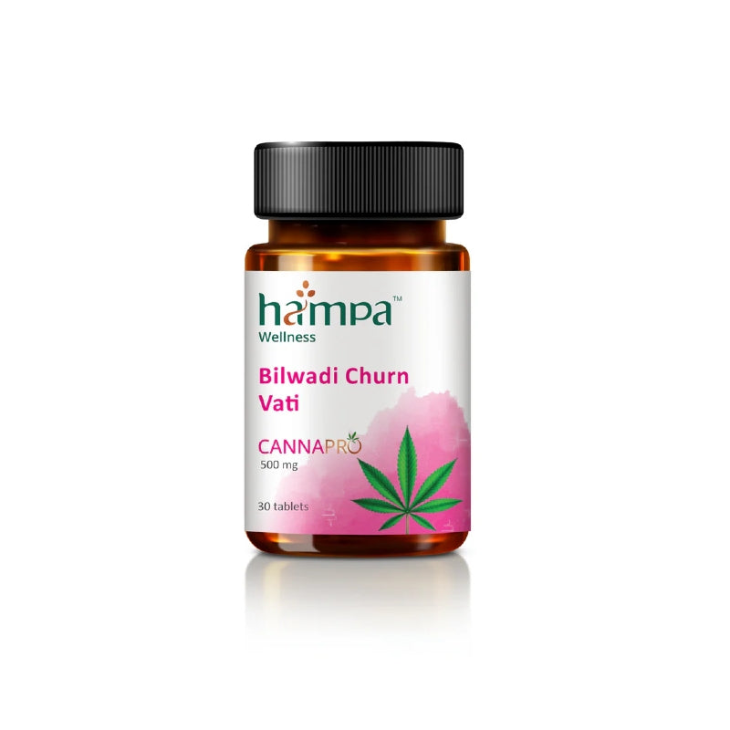 Bottle of Hampa Hemp Wellness Bilwadi Churn Vati with cannabis leaf logo on a white background