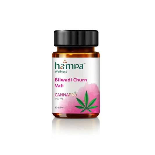 Bottle of Hampa Hemp Wellness Bilwadi Churn Vati with cannabis leaf logo on a white background