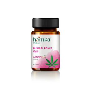 Bottle of Hampa Hemp Wellness Bilwadi Churn Vati with cannabis leaf logo on a white background